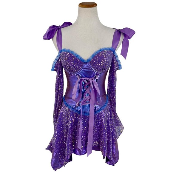 NWT Dolls Kill Purple Fairy Sequin Corset Mini Dress Wings Garters Costume Rave - Picture 2 of 16